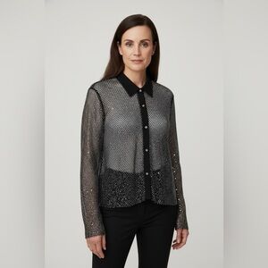 ✨ AKIRA Black Silver Netted Sequin Sheer Button-Down Top – Size XL (New!) ✨